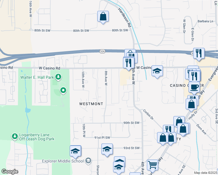 map of restaurants, bars, coffee shops, grocery stores, and more near 8509 8th Avenue West in Everett