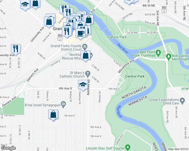 map of restaurants, bars, coffee shops, grocery stores, and more near 507 Gertrude Avenue in Grand Forks
