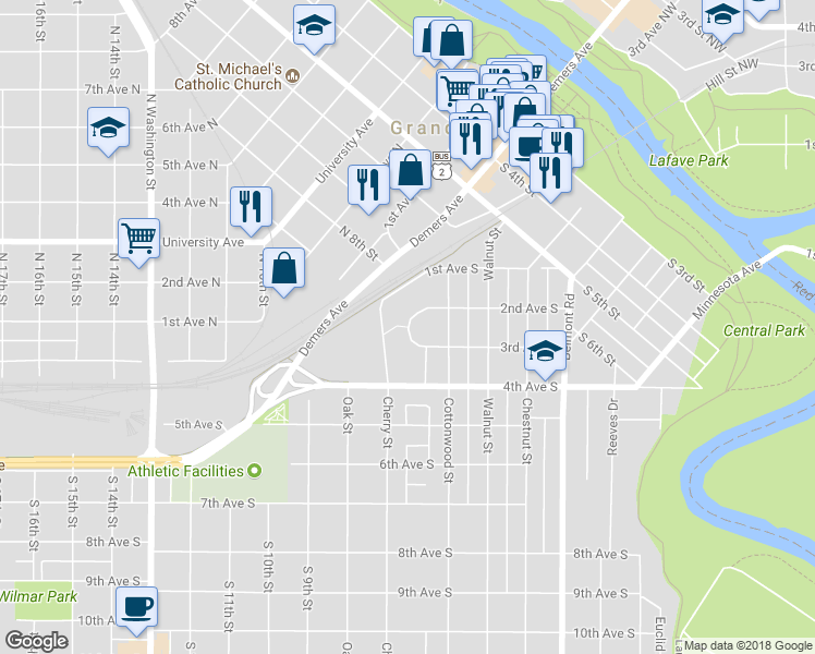map of restaurants, bars, coffee shops, grocery stores, and more near 614 2nd Avenue South in Grand Forks