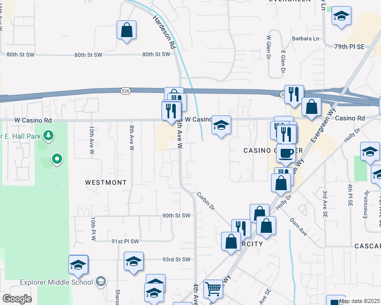 map of restaurants, bars, coffee shops, grocery stores, and more near 421 85th Place Southwest in Everett