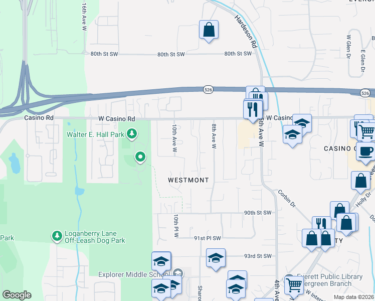 map of restaurants, bars, coffee shops, grocery stores, and more near 0 Southwest Everett Mall Way in Everett
