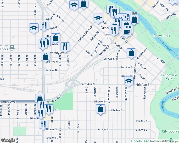 map of restaurants, bars, coffee shops, grocery stores, and more near 655 1st Avenue South in Grand Forks