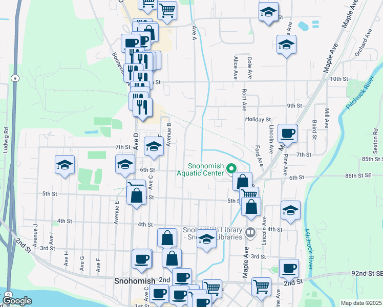 map of restaurants, bars, coffee shops, grocery stores, and more near 627 Avenue A in Snohomish