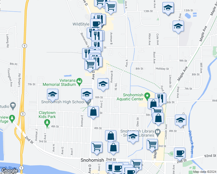 map of restaurants, bars, coffee shops, grocery stores, and more near 630 Avenue B in Snohomish