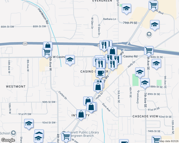 map of restaurants, bars, coffee shops, grocery stores, and more near 2 West Casino Road in Everett