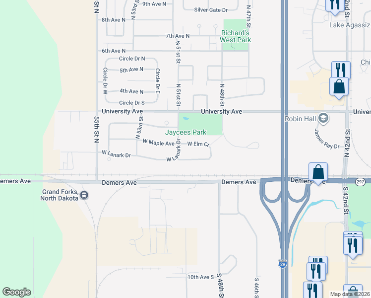 map of restaurants, bars, coffee shops, grocery stores, and more near 5001 W Elm Ct in Grand Forks