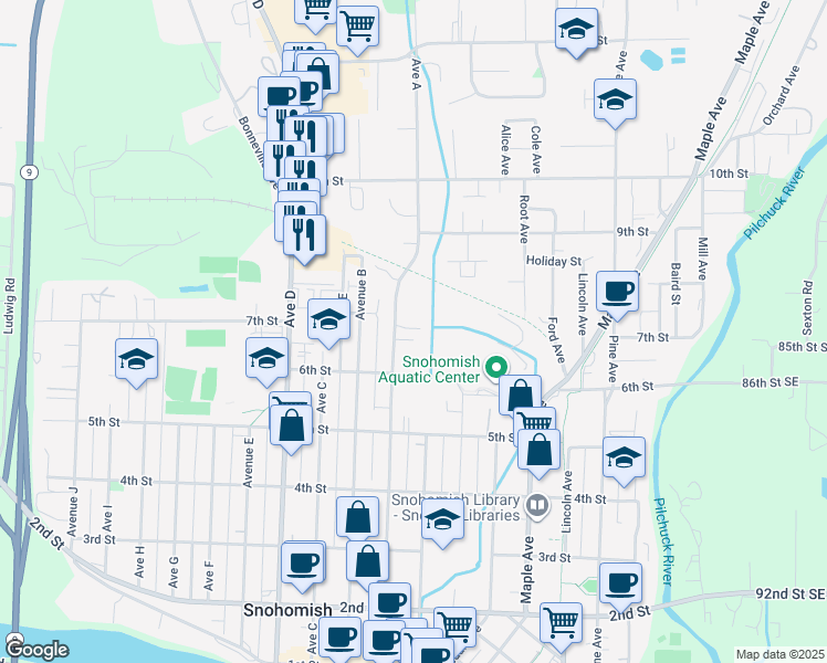 map of restaurants, bars, coffee shops, grocery stores, and more near 1001 7th Street in Snohomish