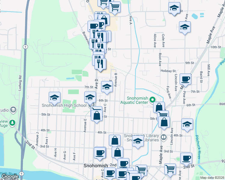 map of restaurants, bars, coffee shops, grocery stores, and more near 630 Avenue B in Snohomish