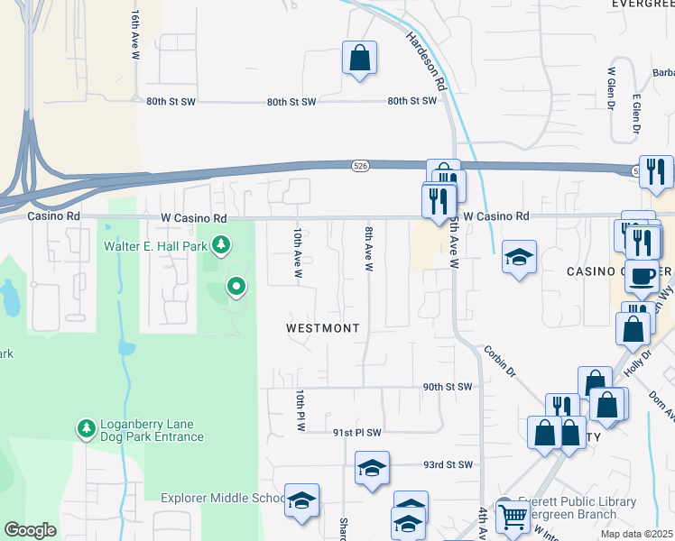 map of restaurants, bars, coffee shops, grocery stores, and more near 900 West Casino Road in Everett