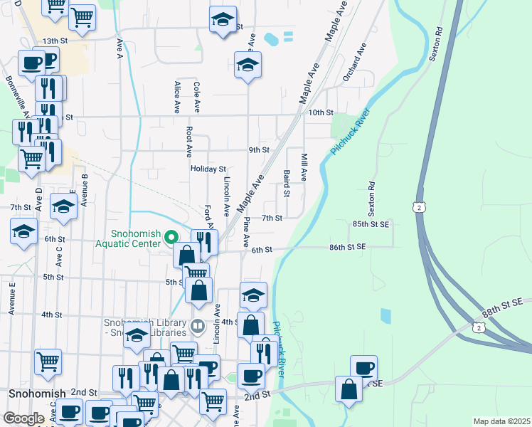 map of restaurants, bars, coffee shops, grocery stores, and more near 707 Pine Avenue in Snohomish