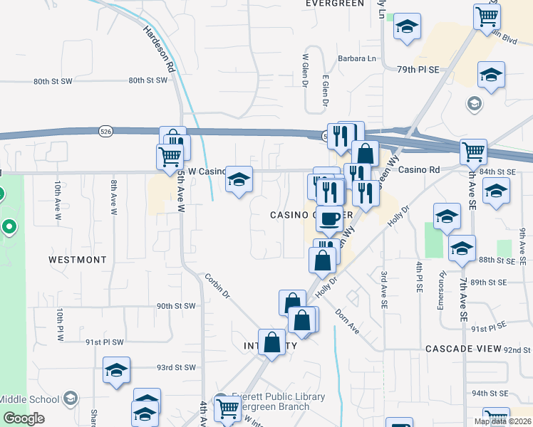 map of restaurants, bars, coffee shops, grocery stores, and more near 120 West Casino Road in Everett