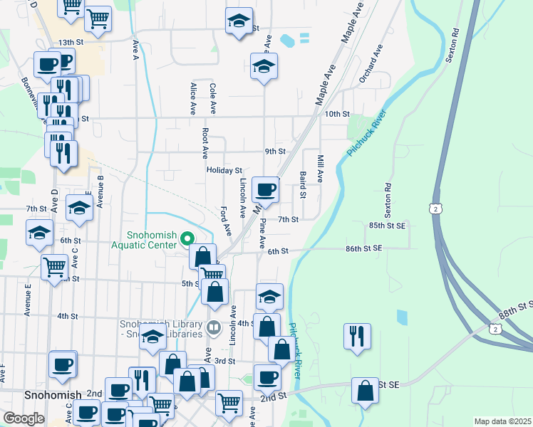 map of restaurants, bars, coffee shops, grocery stores, and more near 707 Pine Avenue in Snohomish