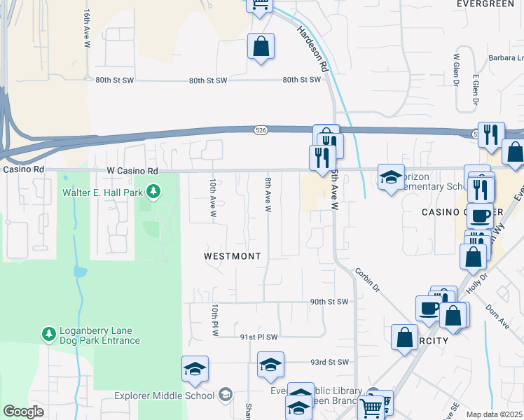 map of restaurants, bars, coffee shops, grocery stores, and more near 824 West Casino Road in Everett