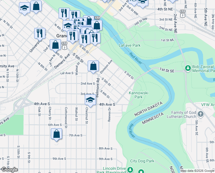 map of restaurants, bars, coffee shops, grocery stores, and more near 507 Gertrude Avenue in Grand Forks