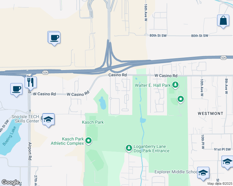 map of restaurants, bars, coffee shops, grocery stores, and more near 1910 West Casino Road in Everett