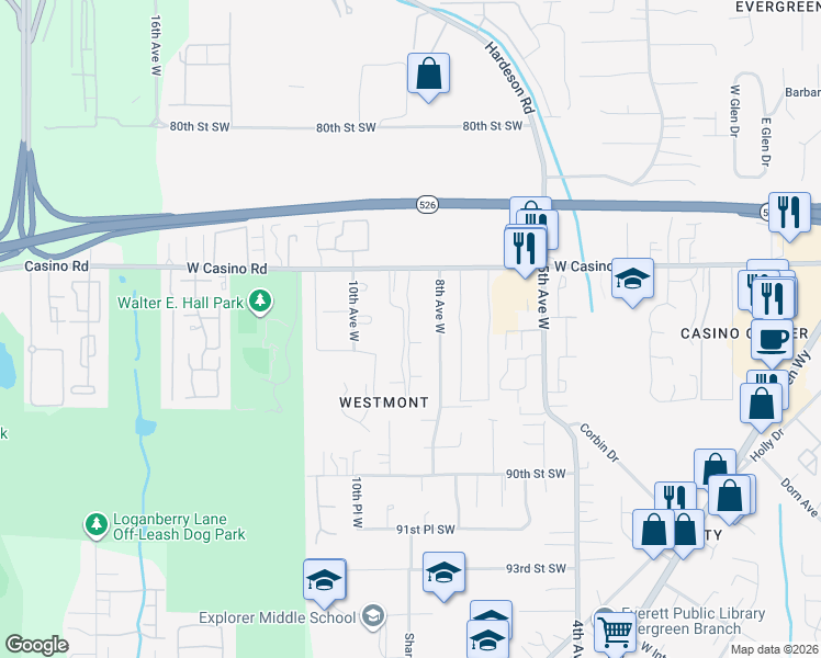 map of restaurants, bars, coffee shops, grocery stores, and more near 824 West Casino Road in Everett