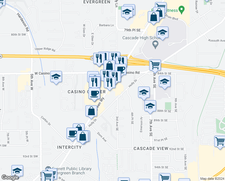 map of restaurants, bars, coffee shops, grocery stores, and more near 8519 Evergreen Way in Everett