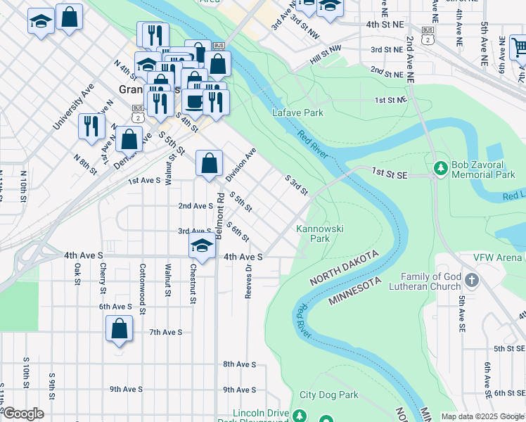 map of restaurants, bars, coffee shops, grocery stores, and more near 420 Franklin Avenue in Grand Forks