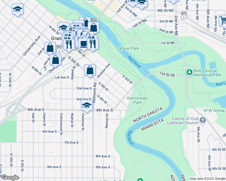 map of restaurants, bars, coffee shops, grocery stores, and more near 420 Franklin Avenue in Grand Forks
