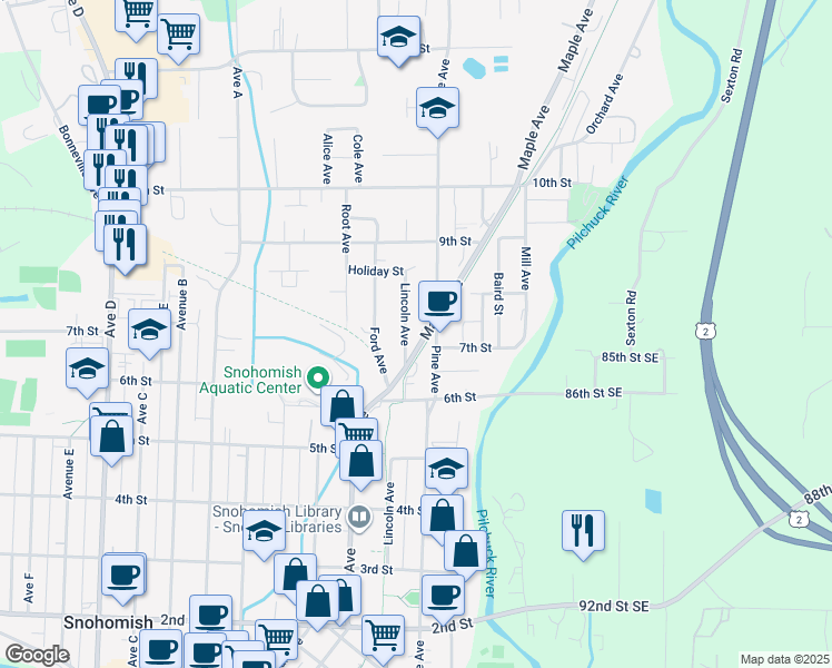 map of restaurants, bars, coffee shops, grocery stores, and more near 701 Lincoln Avenue in Snohomish