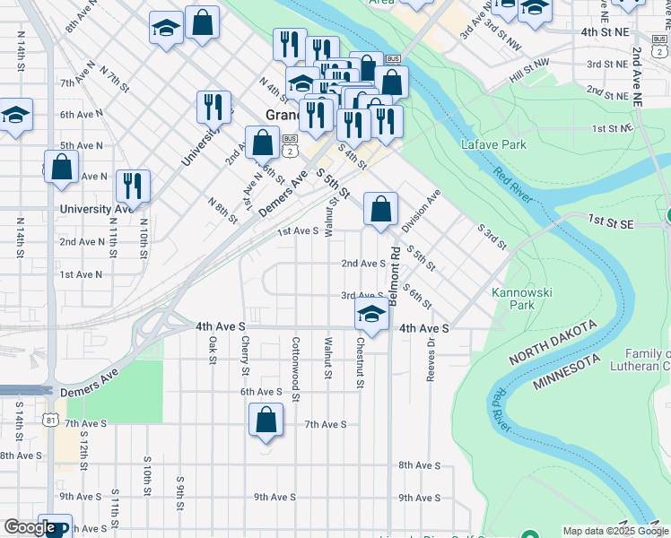 map of restaurants, bars, coffee shops, grocery stores, and more near 122 Walnut Street in Grand Forks