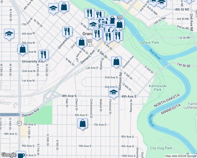 map of restaurants, bars, coffee shops, grocery stores, and more near 122 Walnut Street in Grand Forks