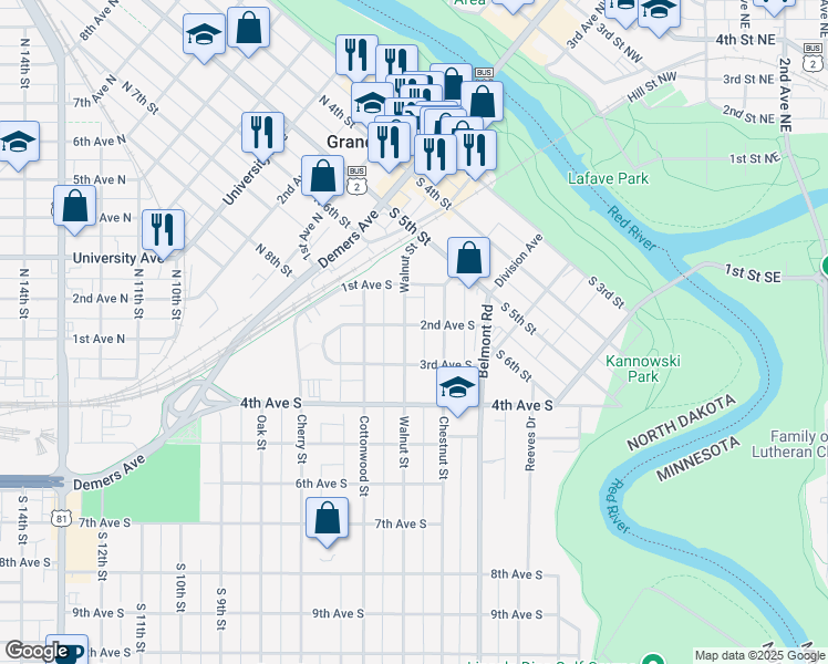 map of restaurants, bars, coffee shops, grocery stores, and more near 201 Walnut Street in Grand Forks