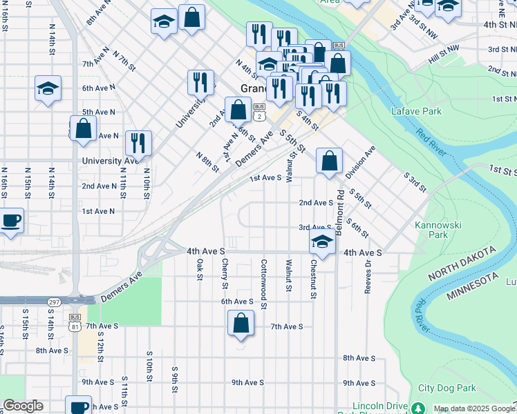 map of restaurants, bars, coffee shops, grocery stores, and more near 202 Cottonwood Street in Grand Forks