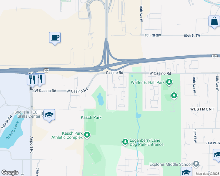 map of restaurants, bars, coffee shops, grocery stores, and more near 1926 West Casino Road in Everett