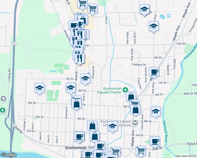 map of restaurants, bars, coffee shops, grocery stores, and more near 1001 7th Street in Snohomish