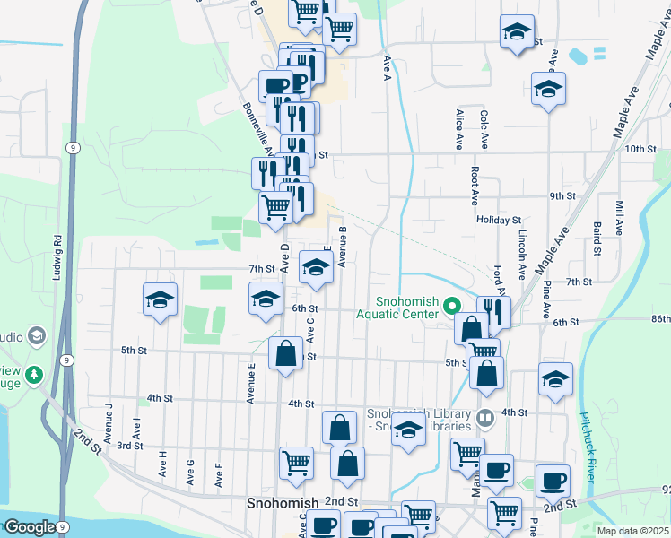 map of restaurants, bars, coffee shops, grocery stores, and more near 630 Avenue B in Snohomish