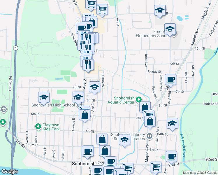 map of restaurants, bars, coffee shops, grocery stores, and more near 1001 7th Street in Snohomish