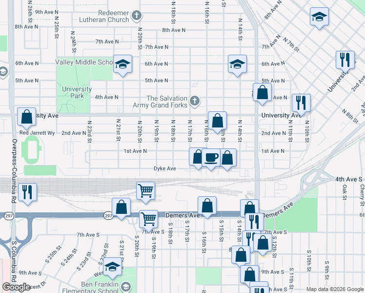 map of restaurants, bars, coffee shops, grocery stores, and more near 1708 1st Avenue North in Grand Forks