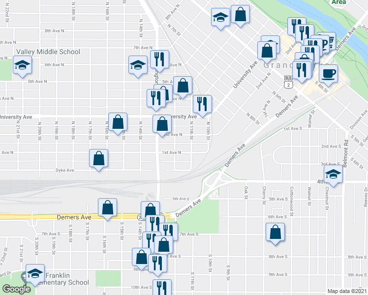 map of restaurants, bars, coffee shops, grocery stores, and more near 1106 1st Avenue North in Grand Forks