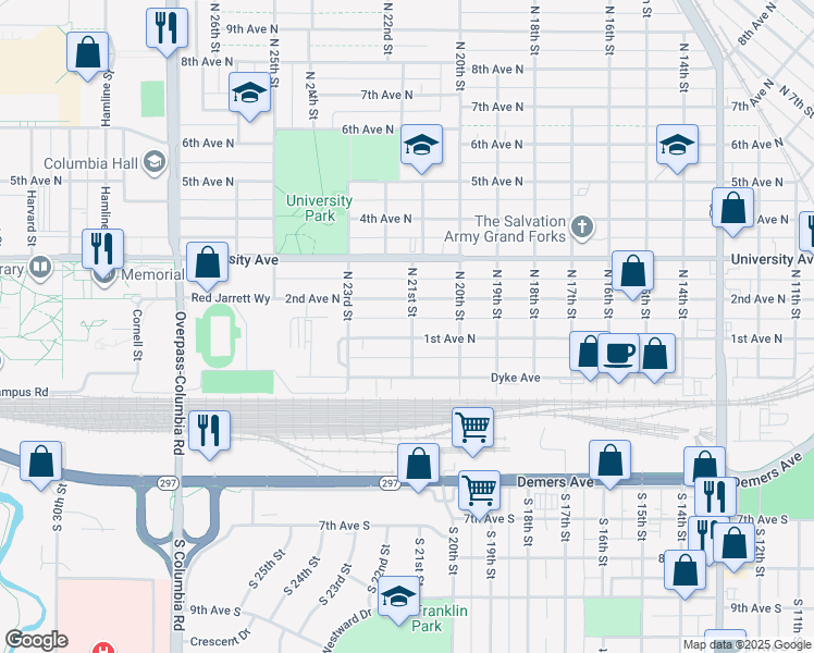 map of restaurants, bars, coffee shops, grocery stores, and more near 2108 1st Ave N in Grand Forks