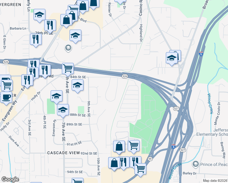 map of restaurants, bars, coffee shops, grocery stores, and more near 8520 East Xavier Way in Everett