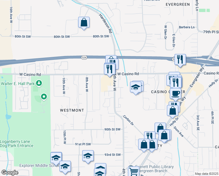 map of restaurants, bars, coffee shops, grocery stores, and more near 8520 5th Avenue West in Everett