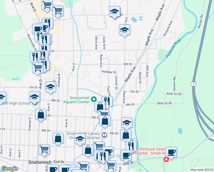map of restaurants, bars, coffee shops, grocery stores, and more near 700 Ford Avenue in Snohomish