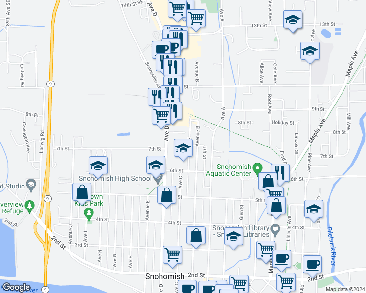 map of restaurants, bars, coffee shops, grocery stores, and more near 1117 7th Street in Snohomish