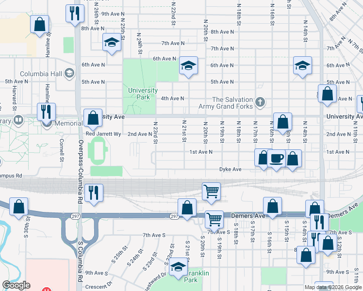 map of restaurants, bars, coffee shops, grocery stores, and more near 2108 1st Ave N in Grand Forks