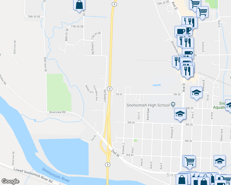 map of restaurants, bars, coffee shops, grocery stores, and more near 702 Avenue K in Snohomish