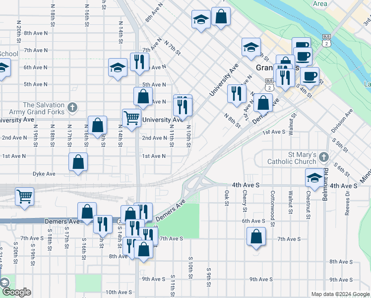 map of restaurants, bars, coffee shops, grocery stores, and more near 1002 1st Avenue North in Grand Forks