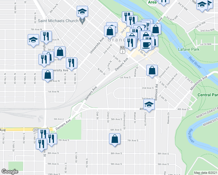 map of restaurants, bars, coffee shops, grocery stores, and more near 655 1st Avenue South in Grand Forks
