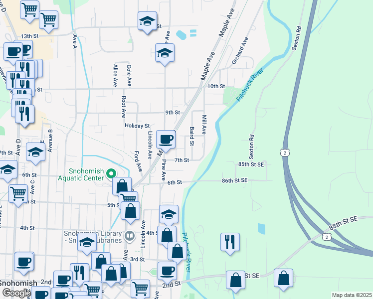 map of restaurants, bars, coffee shops, grocery stores, and more near 713 Victor Avenue in Snohomish