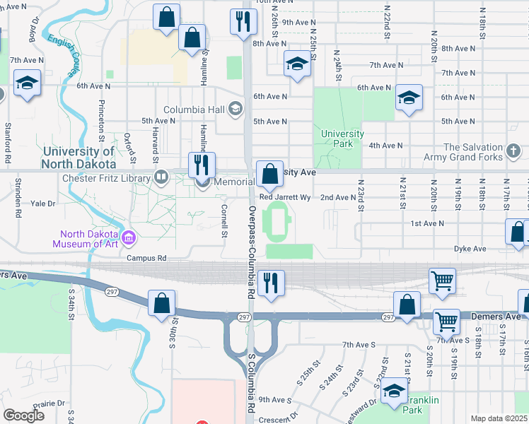 map of restaurants, bars, coffee shops, grocery stores, and more near 2625 Red Jarrett Way in Grand Forks