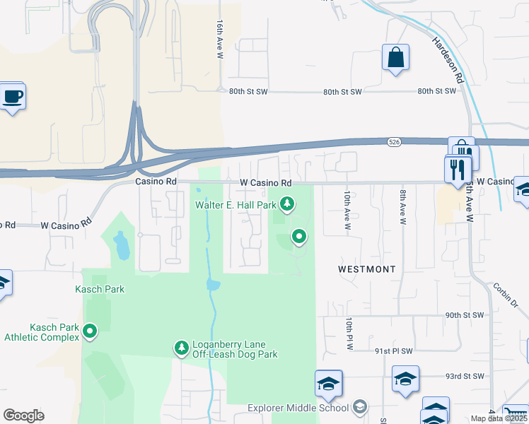 map of restaurants, bars, coffee shops, grocery stores, and more near 1415 West Casino Road in Everett