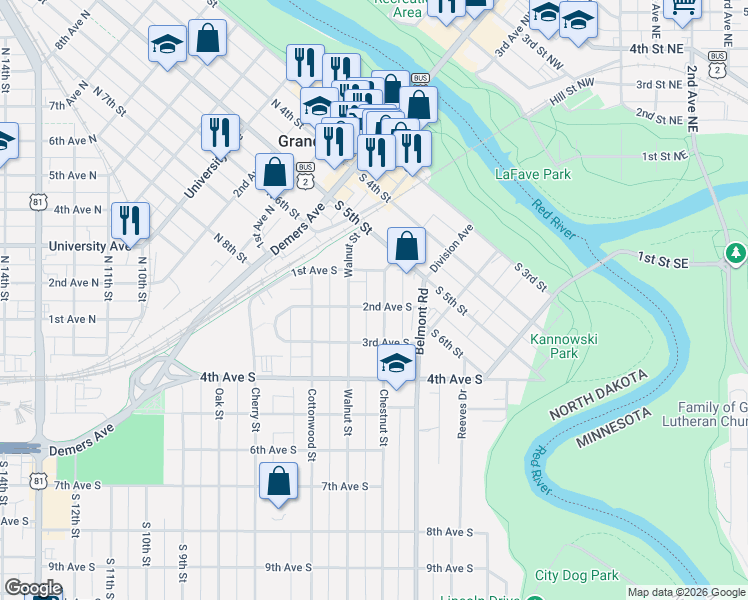 map of restaurants, bars, coffee shops, grocery stores, and more near 124 Chestnut Street in Grand Forks