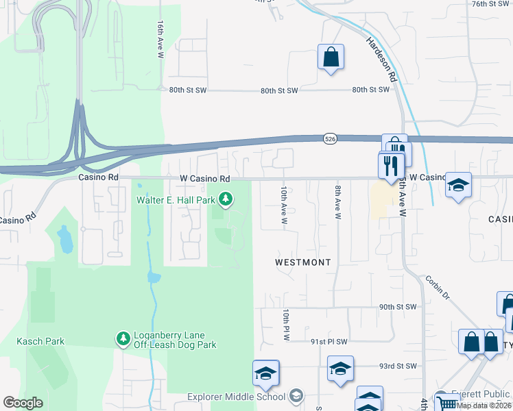 map of restaurants, bars, coffee shops, grocery stores, and more near 1126 West Casino Road in Everett