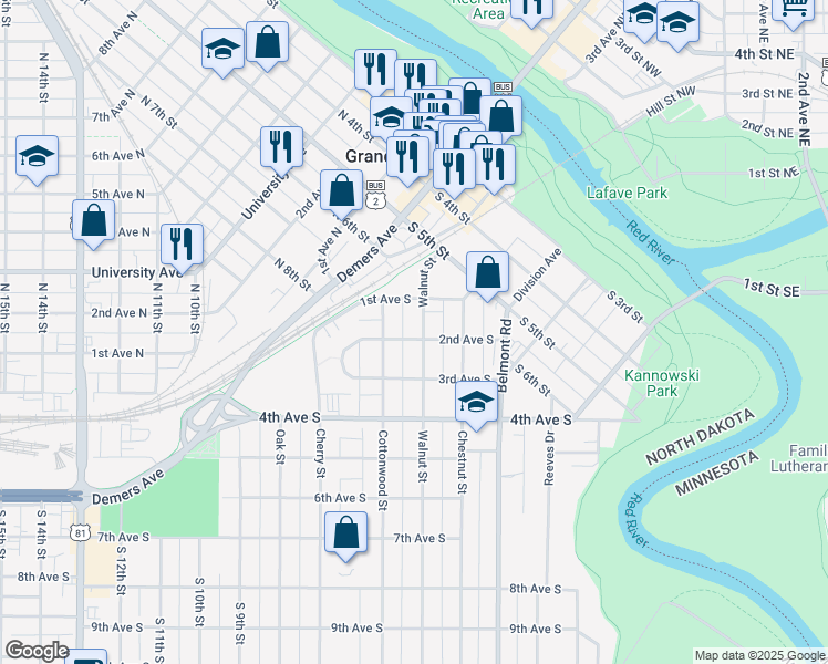 map of restaurants, bars, coffee shops, grocery stores, and more near 122 Walnut Street in Grand Forks