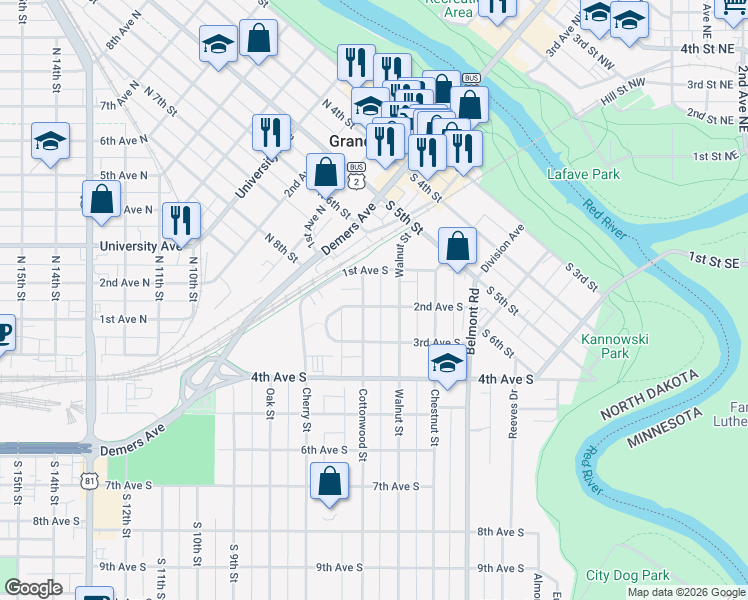 map of restaurants, bars, coffee shops, grocery stores, and more near 516 2nd Avenue South in Grand Forks